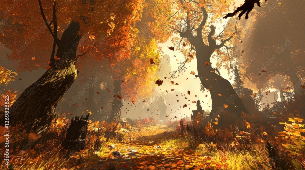Poster Autumnal leaves flutter down a path through a golden forest
