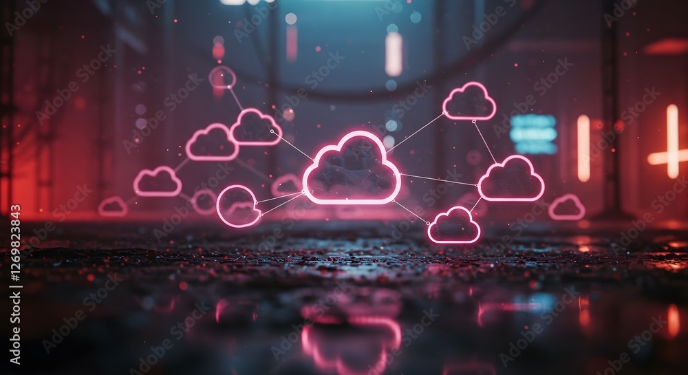 Poster a futuristic digital scene featuring neon clouds interconnected on a glowing surface, suggesting the
