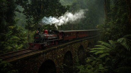 Fototapeta premium Steam train crossing stone bridge in lush rainforest.