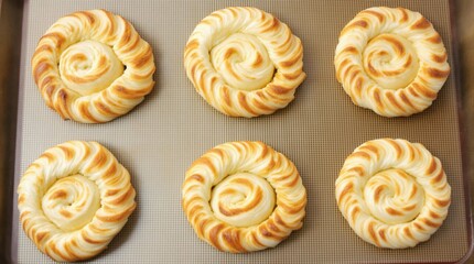A tray of doughnuts with a spiral shape
