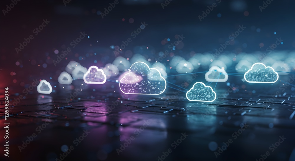 Poster a digital landscape featuring glowing cloud icons reflecting on a dark surface, symbolizing cloud co