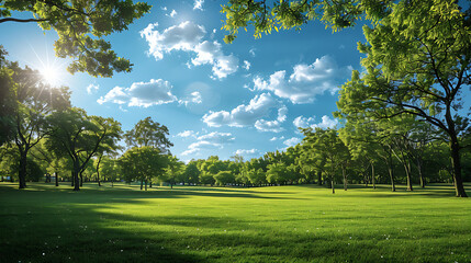 Fototapeta premium Lush Green Meadow with Sunny Sky and Trees