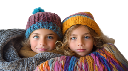 Twin Girls in Winter Hats Cozy Knitwear, Cute Blue and Gray Fashion for Kids, isolated on transparent background.