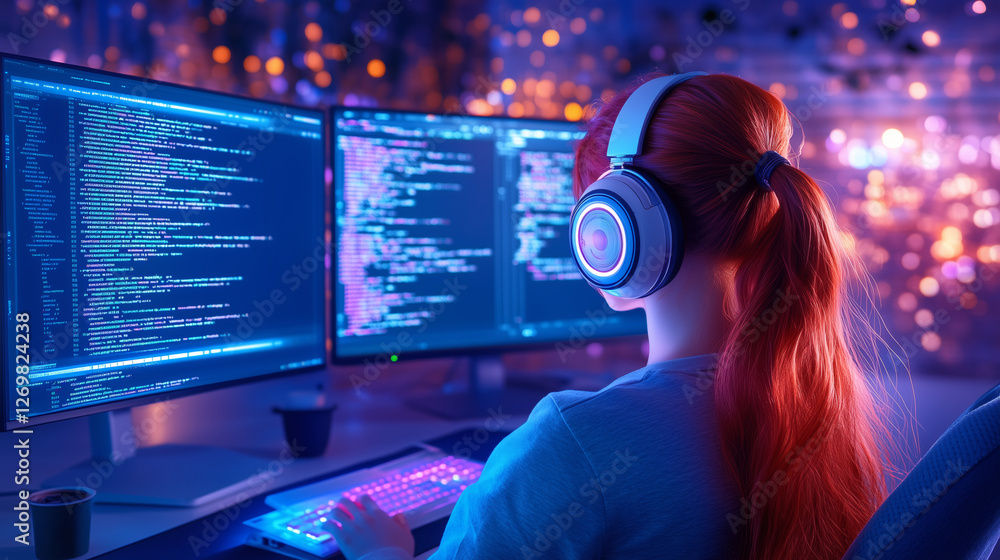 Poster a girl with vibrant red hair is coding intently at several monitors in a darkened workspace filled w