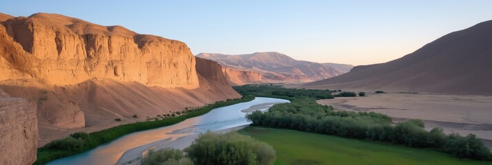 A river runs through a desert landscape with mountains in the background. The water is clear and the grass is green