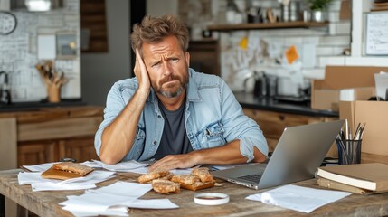 man sits at a cluttered table in a modern kitchen, looking stressed as he reviews paperwork. Crumbs from snacks litter the surface, indicating a long work session during the late afternoon