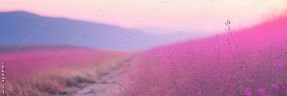 Poster a field of pink flowers with a path running through it. the flowers are in full bloom and the sky is