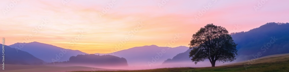 Poster a tree stands in a field with a beautiful sunset in the background. the sky is a mix of pink and ora
