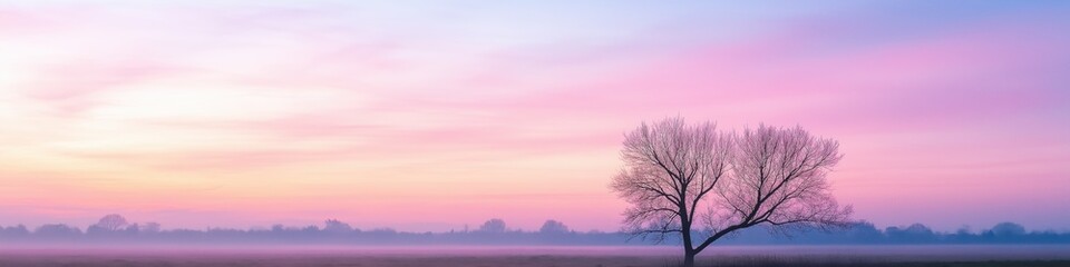 A tree stands in a field with a beautiful pink and purple sky in the background. The sky is filled with clouds, giving the scene a peaceful and serene atmosphere