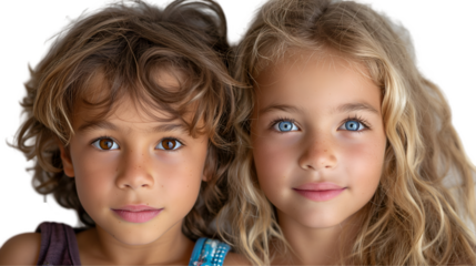 Brother and Sister Portrait Happy Kids, Cute Siblings with Loving Expressions, isolated on transparent background.