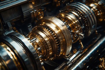 Fototapeta premium An ultra-realistic close-up of intricate brass and steel gears interlocking in a steampunk mechanism, captured with cinematic lighting in stunning 8K detail. .