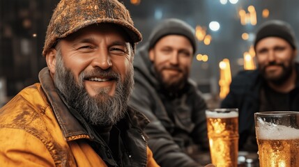 Men gather around a wooden table, smiling and sharing laughter while enjoying cold craft beers in a cozy bar setting, illuminated by soft warm lights