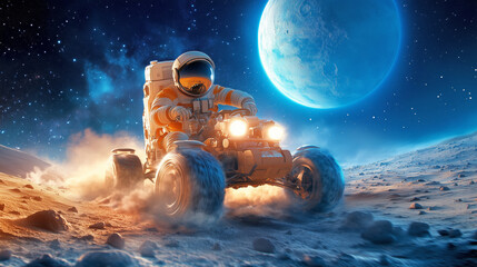 An astronaut drives a lunar vehicle across a dusty, alien landscape while a large blue planet looms in the night sky, illuminating the terrain with its glow