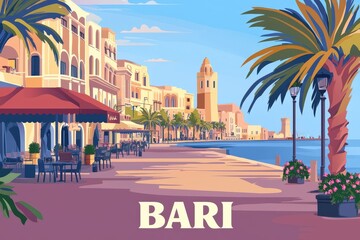 Fototapeta premium A coastal pastel-toned illustration of Bari, featuring its charming old town, vibrant promenade, and scenic Adriatic Sea views, with 