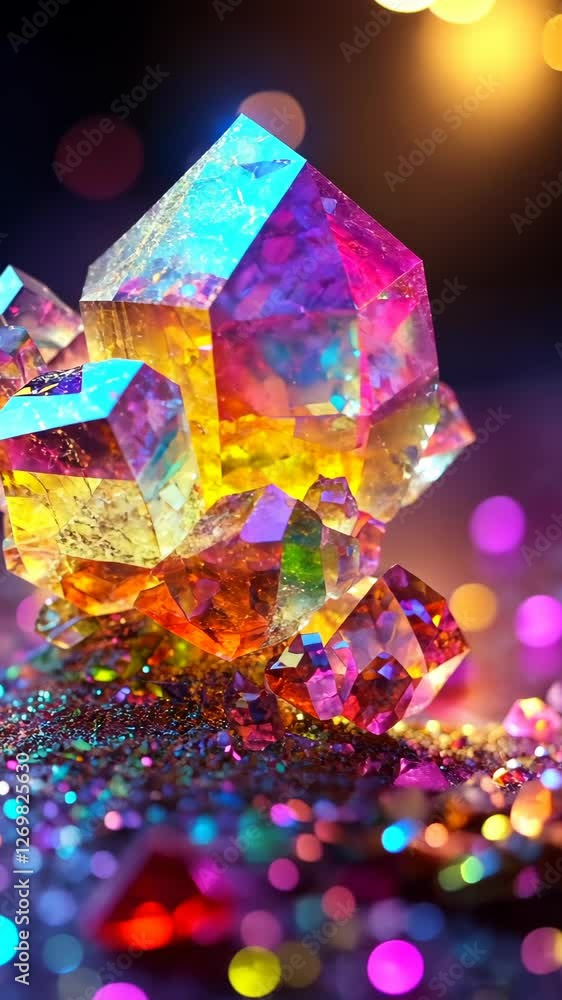 Poster colorful crystals sparkle on a shimmering surface, creating a mesmerizing display of light and color
