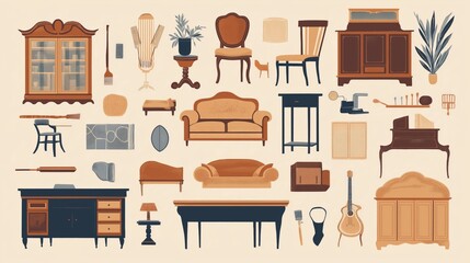 Collection of Vintage Furniture and Home Decor Items in a Minimalist Aesthetic for Interior Design and Historical Illustration Projects