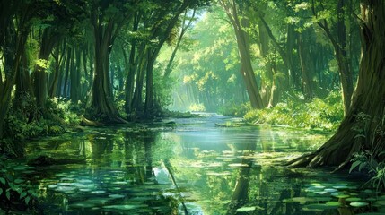 Obraz premium Tranquil river flows through a lush green forest scenery