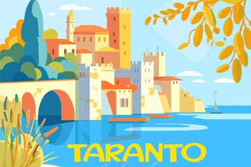 Fototapeta premium A coastal illustration of Taranto, showcasing its historic bridges, medieval castles, and turquoise waters, painted in warm Mediterranean hues with 