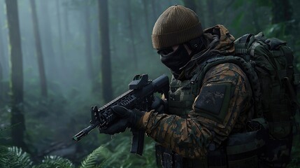 Fototapeta premium Camouflaged Soldier in Foggy Forest