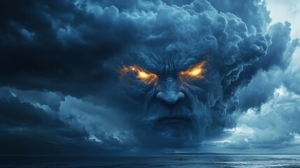Massive storm cloud forming a menacing face with glowing eyes over the ocean, symbolizing power, nature fury, and mythology. Copy space