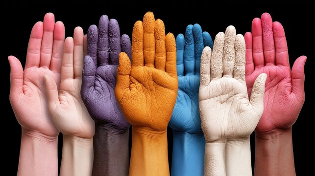 Seven hands of different colors are raised against a black background, symbolizing unity and diversity. Each hand represents a unique skin tone, showcasing the beauty of inclusivity