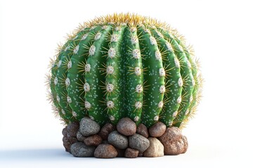 Round green cactus surrounded by stones in bright lighting creating a minimalist aesthetic