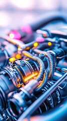 A hyper-realistic, high-detail biomechanical engine with glowing neon gears and rotating cogs, showcasing a cyberpunk aesthetic in stunning 4K resolution.  .
