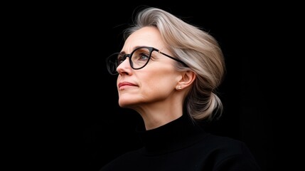 Obraz premium woman with glasses gazes upward in contemplation, her blonde hair styled elegantly. She wears a black turtleneck that enhances her sophisticated appearance, set against a dark backdrop
