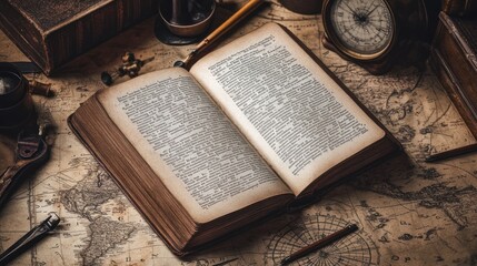 Obraz premium Open antique book resting on vintage world map background