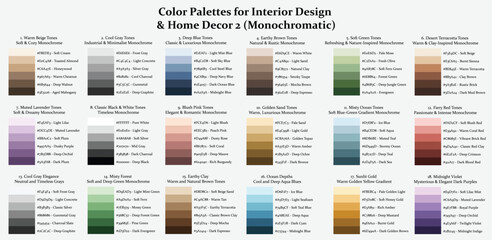 18 Color Palettes Collection 2 for Interior Design and Home Decor Monochromatic, 6 Colors Sets, Color Schemes with Hex Codes and Names, Color Swatches and Combinations, Vector Illustration