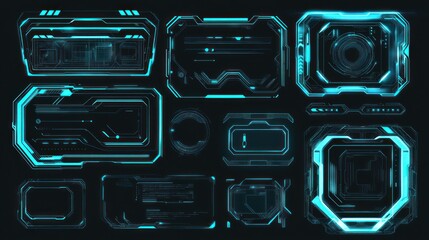 Futuristic HUD Interface Elements with Glowing Blue Outlines on Black