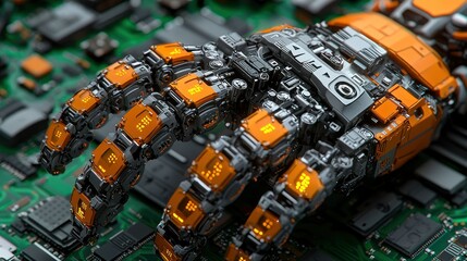 Fototapeta premium Robotic hand on circuit board; tech future