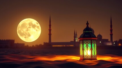 Glowing Lantern in Desert Under Full Moon Mosque Background