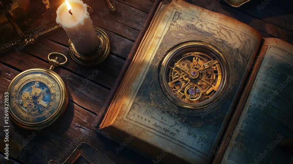Poster a vintage open book adorned with a clock mechanism