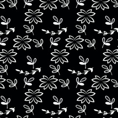 doodle flowers pattern on black background, for packaging and design