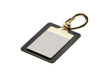 An elegant black and gold keychain tag resting on a white surface with blank identification area isolated on transparent background