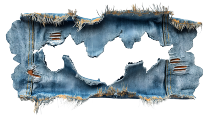 Ripped Denim Fabric Distressed Blue Texture, Fashionable Worn and Torn Design, isolated on transparent background.
