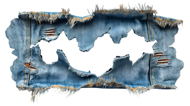 Ripped Denim Fabric Distressed Blue Texture, Fashionable Worn and Torn Design, isolated on transparent background.