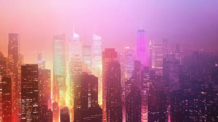 Obraz premium Vibrant Cityscape at Dusk: A Panoramic View of Illuminated Skyscrapers