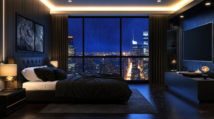 Modern bedroom, city rain night view, copy space