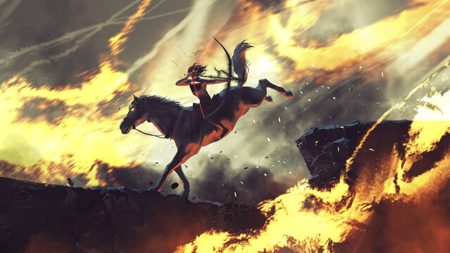 Fototapeta Archer on Horseback Amidst Fiery Battlefield