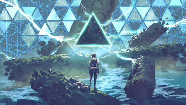 Fototapeta Futuristic Robot Facing Glowing Triangle Portal