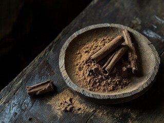 ground cinnamon and its raw bark form displayed on a rustic wooden table