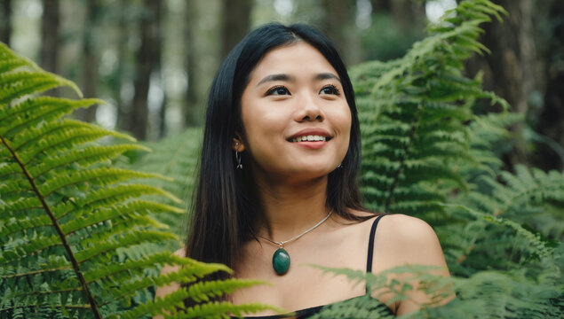 A Ngāti Porou woman with long black hair smiles in a sunlit fern forest in New Zealand. Lush greenery surrounds her, and her traditional hei tiki pendant glows in the soft light, symbolizing heritage 