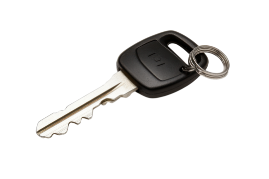 A close-up view of a modern car key resting on a white surface during daylight hours isolated on transparent background