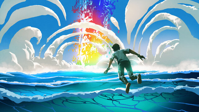 Fototapeta Man Exploring Surreal Rainbow Portal, digital painting