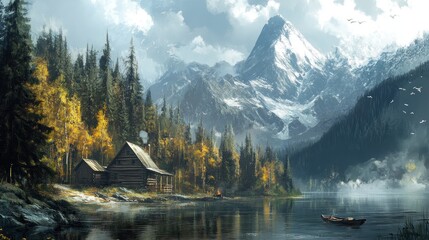 Cabin nestled by lake with snow capped mountains behind