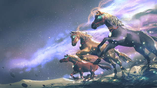 Fototapeta Three Glowing Fantasy Horses Galloping Through Stars