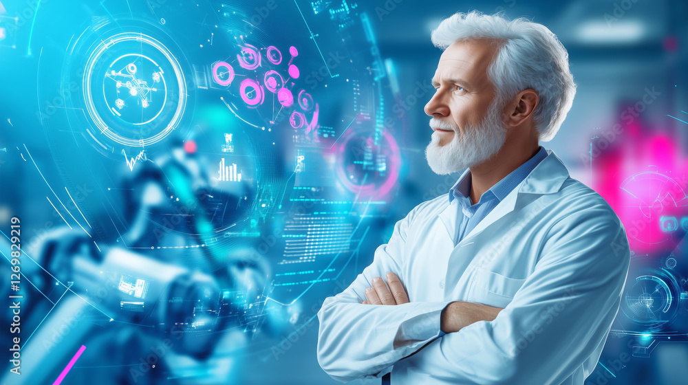 Poster a scientist with gray hair and a beard observes and analyzes advanced holographic data displays in a