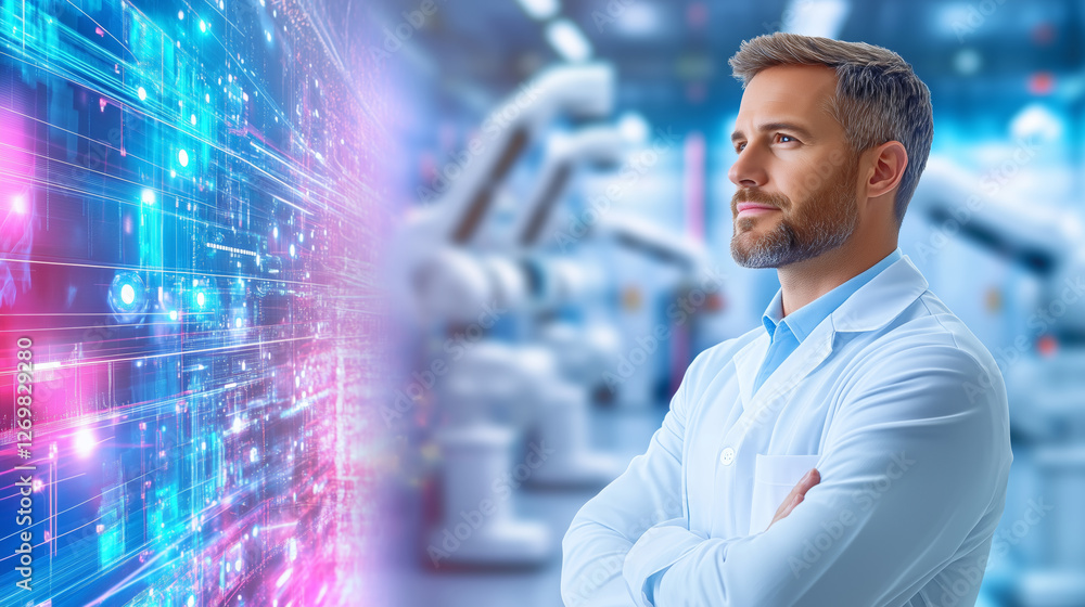 Poster a scientist in a lab coat stands thoughtfully in a high-tech laboratory, analyzing digital data surr